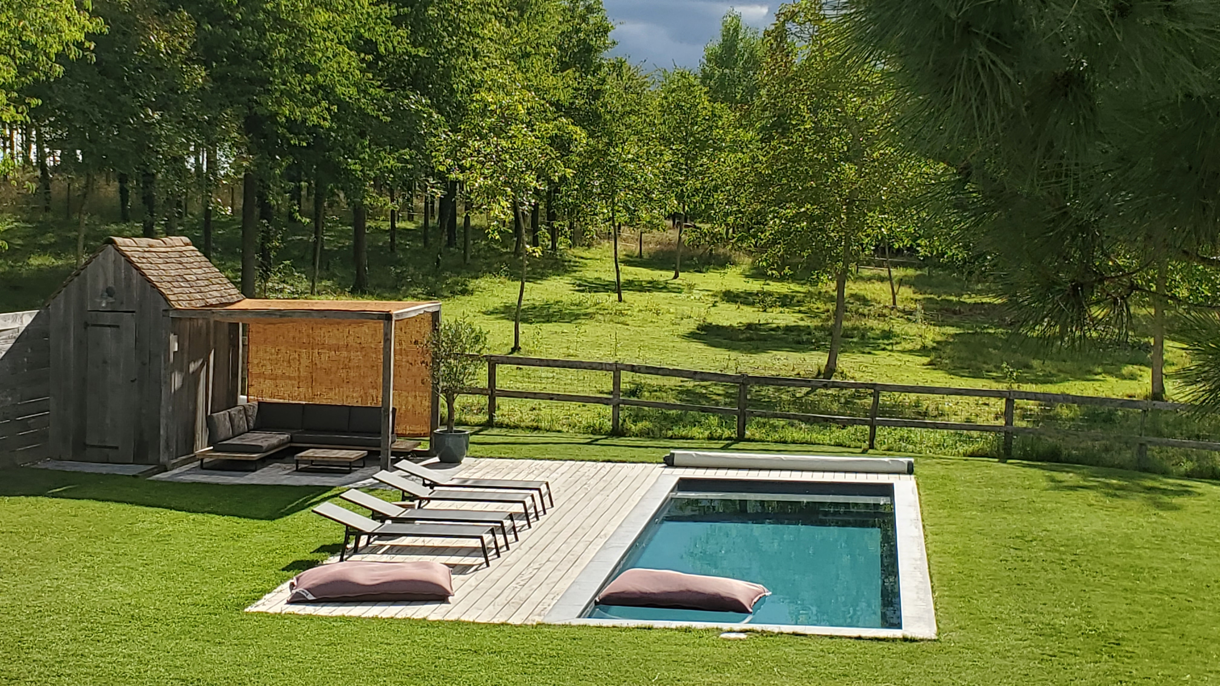 Piscine au milieu du jardin boisé du Clos Sainton